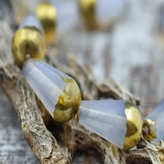 *8* 8x15mm Gold Tipped Milky White Picasso Faceted Drop Beads {1}