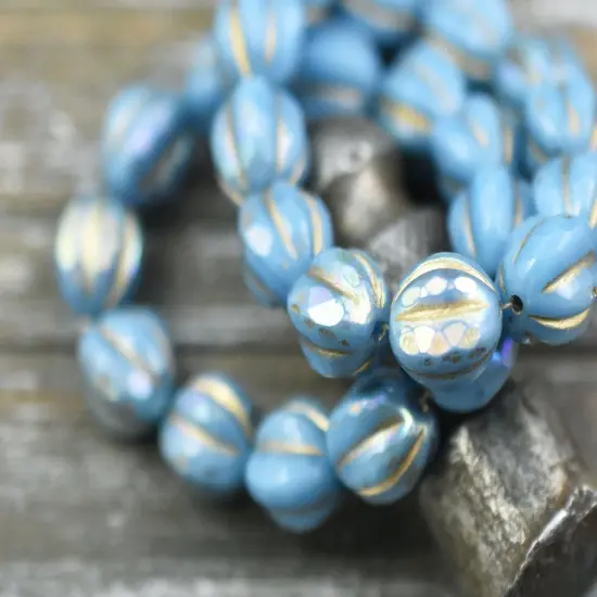 *10* 10mm Gold Washed Sky Blue AB Faceted Round Melon Beads {3}