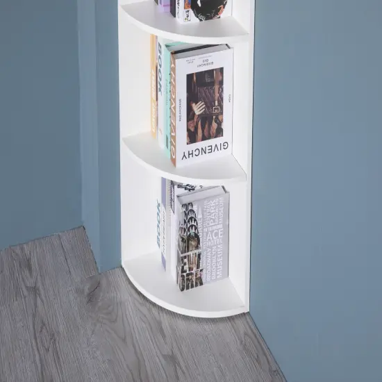 Durable 4-Tier Wooden Corner Bookshelf, Perfect for Tiny Home, Office Space, Living Room, Shelves for Bedroom, Classroom, and Library Shelving Needs White {3}
