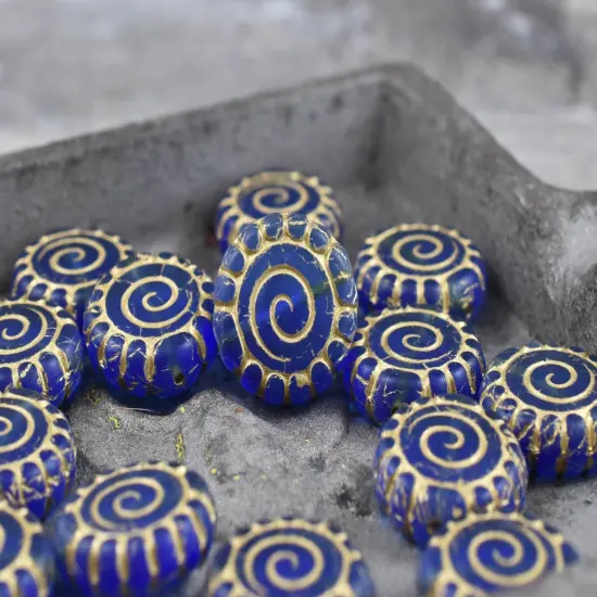 *2* 16mm Bronze Washed Matte Cobalt Spiral Coin Beads {1}