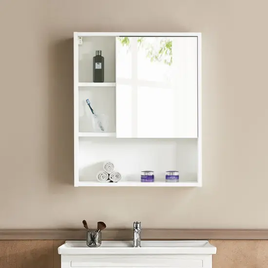Wall Mount Bathroom Mirrored Storage Cabinet with Open Shelf | 2 Adjustable Shelves Medicine Organizer Storage Furniture for Bathrooms, Kitchens, and Laundry Room White {2}