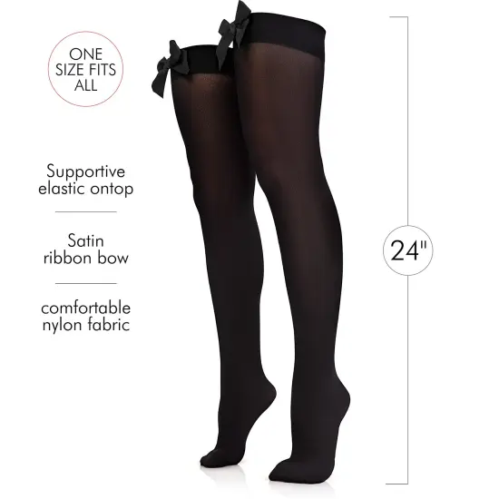 Bow Accent Thigh Highs - Black Over the Knee High Stockings with Black Satin Ribbon Bow Accent for Women and Girls {3}