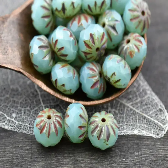 *25* 6x9mm Aqua Opal Picasso Fire Polish Cruller Rondelle Beads {1}