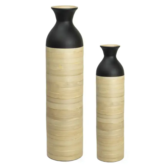 Elegant Black or White Cylinder Shaped Tall Spun Bamboo Floor Vases, Embellished with a Glossy Lacquer, and Enhanced with Natural Bamboo Finish - Stylish Home Decor, Heights of 31 and 23.5 Inches Large White {9}