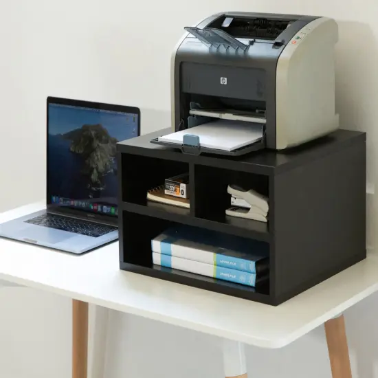 Printer Stand Shelf Wood Office Desktop Compartment Organizer Black {2}