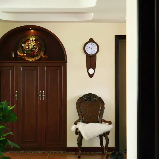 Modern Grandfather Brown Oval Pendulum Wood-Looking Plastic Wall Clock for Living Room, Kitchen, or Dining Room {2}