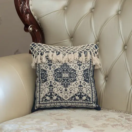 16" Handwoven Cotton Throw Pillow Cover with Traditional Pattern and Tasseled Top Navy {5}