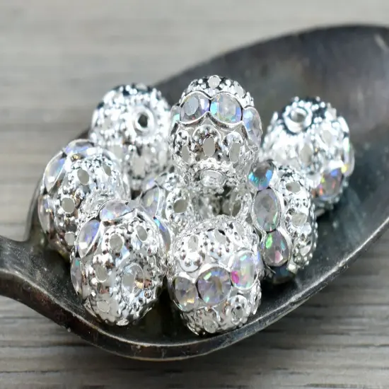 Bright Silver w/Crystal AB Rhinestone Filigree Round Beads -- Choose Your Size {6}