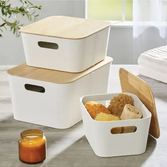 mDesign Modern Stackable Fabric Covered Bin with Bamboo Lid, 2 Pack {2}
