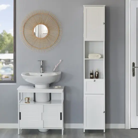 White Tall Standing Bathroom Linen Tower Storage Cabinet for Bathroom and Vanity {3}