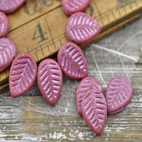 *15* 16x12mm Pink Washed Golden Lustered Red Top Drilled Leaf Beads {4}