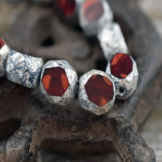 *15* 8mm Antique Silver Washed Lady Bug Red 2 Cut Fire Polished Faceted Round Beads {6}