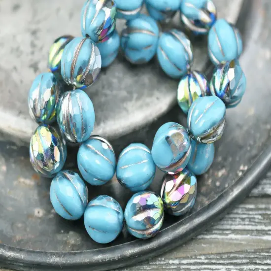 *12* 10mm Metallic Beige Washed Opaque Sky Blue AB Faceted Round Melon Beads {5}