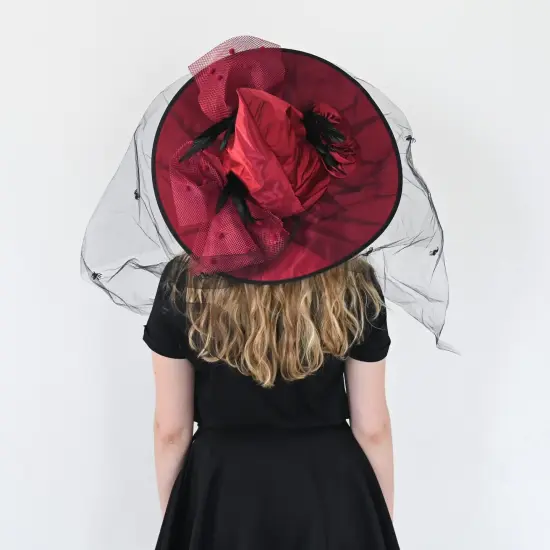 Deluxe Pointed Witch Hat - Glamorous Red Witches Accessories Fancy Satin Hat with Bow, Spiders and Black Feathers {3}