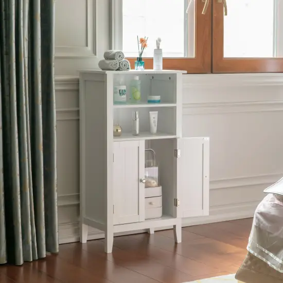 White Bathroom Storage Cabinet with 2 Doors and 2 Open Shelves for Bedroom, Bathroom, and Vanity {2}