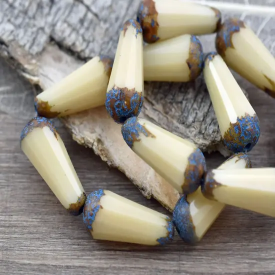 *6* 8x20mm Turquoise Etched Opaque Beige PIcasso Faceted Drop Beads {2}