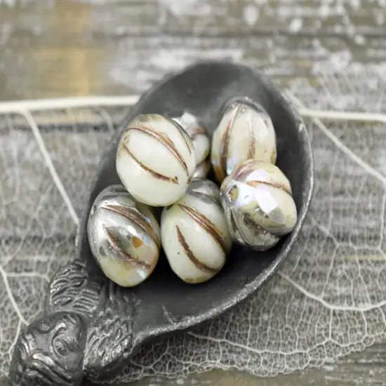 *12* 10mm Metallic Beige Washed Silvered Ivory Faceted Round Melon Beads {4}