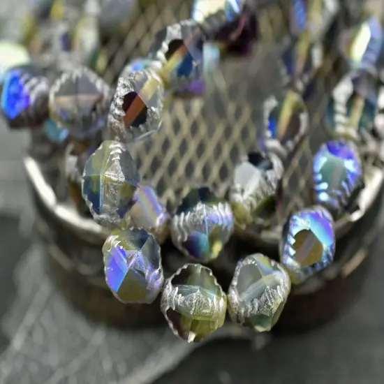 *15* 10x8mm Etched Silver Washed Amethyst Sapphire Jonquil Faceted Bicone Beads {4}