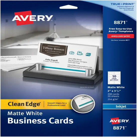 Avery Matte White Clean Edge Business Cards 2"X3.5" 200/Pkg-For Inkjet Printers, Two-Side Printable {1}
