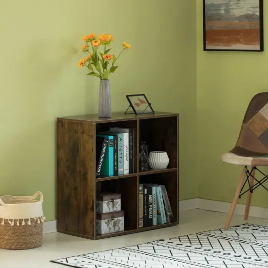 Modern Wooden Toy Storage Bookshelf 4 Cube Organizer Square Bookcase Walnut {3}