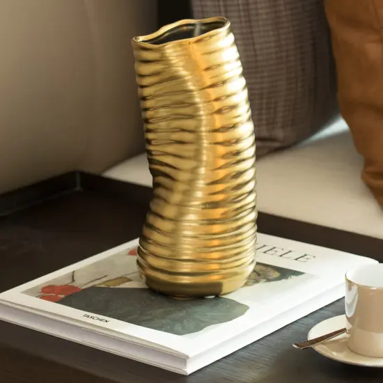 9-Inch Tall Ceramic Bent Melted Modern Style Sculpture Table Centerpiece Flower Vase, a Unique and Decorative Vase in an Elegant Gold Finish, Perfect for Adding Sophistication to Home or Office D&eacute;cor, Ideal for Showcasing Fresh or Dried Flowers with {4}