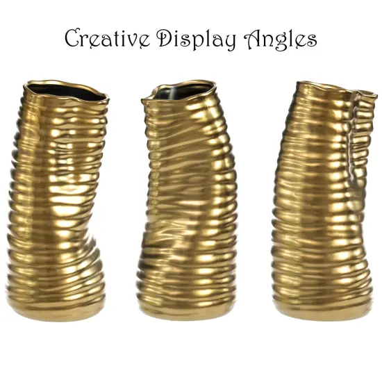 9-Inch Tall Ceramic Bent Melted Modern Style Sculpture Table Centerpiece Flower Vase, a Unique and Decorative Vase in an Elegant Gold Finish, Perfect for Adding Sophistication to Home or Office D&eacute;cor, Ideal for Showcasing Fresh or Dried Flowers with {5}