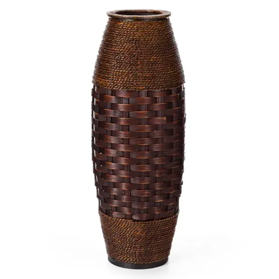 Antique Cylinder Style Floor Vase For Entryway or Living Room, Bamboo Rope, Brown 26 Tall {3}