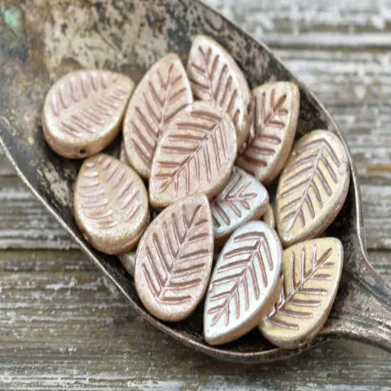 *15* 16x12mm Pink AB Washed Metallic Champagne Top Drilled Dogwood Leaf Beads {4}