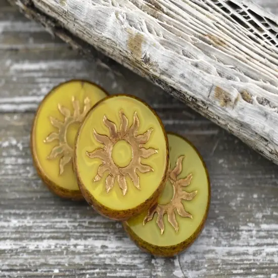 21mm Gold Washed Sunflower Yellow Opal Table Cut Sun Design Coin Beads - 2 Beads {4}