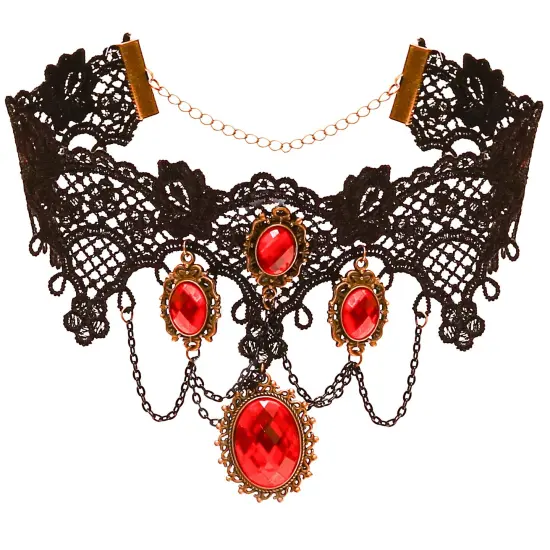 Gothic Vampire Jewelry Set - Black Lace Choker with Red Rhinestone Earrings Pirate Accessories Set for Women and Girls {4}