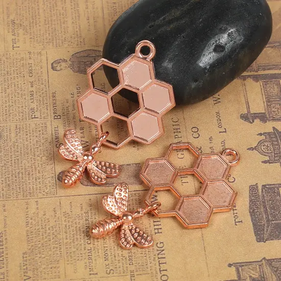 *5* 46x24mm Rose Gold Bee Honeycomb Charms {5}