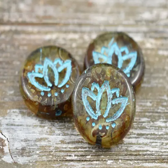 *12* 14mm Turquoise Washed Amber Picasso Lotus Flower Coin Beads {2}