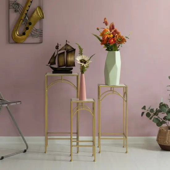 Decorative Gold Metal Square Plant Stand, Modern White Marble Look Top Display End Side Table, Set of 3 {6}