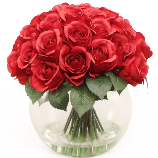 Red Rose Arrangement in Faux Water Look Glass Vase, Floral Home by Artificial Flowers {1}