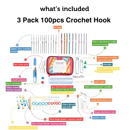 3 PACK - Incraftables Crochet Hook Set with Case 100pcs. Best Crochet Hook Kit for Beginners & Professionals. Ergonomic Crochet Tools with Needles, Scissors, Ruler, Head Pins & Accessories for Kids & Adults {2}