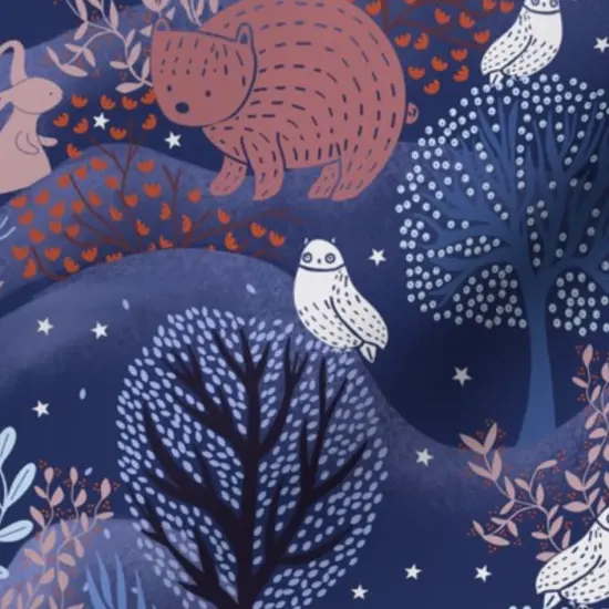 Various Fabrics by the Yard or Fat Quarter Dark Magical Forest Woodland Creatures Wild Animals Blue Pink White Whimsical Night Sky Custom Printed Fabric by Spoonflower {7}