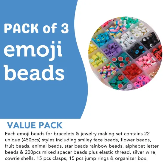 3 PACK - Incraftables Smiley Face Beads for Jewelry Making (22 Styles). Polymer Clay Bead Charms with Alphabet & Spacer Beads, Clasps & String. Cute Bracelets Smile, Heart, Flower & Fruit Beads {3}