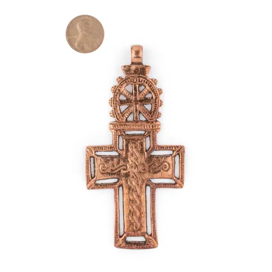 Bahir Dar Ethiopian Copper Cross Pendant (100x50mm): Authentic Ethiopian East African Design for Jewelry & Necklace Making {2}