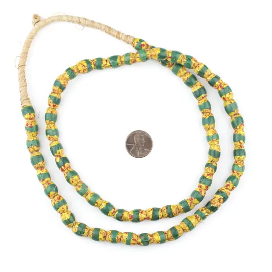The Bead Chest Old Antique Venetian Yellow Oval Striped Trade Beads Green Stripe 9mm Ghana African Multicolor Glass Large Hole 32 Inch Strand {2}