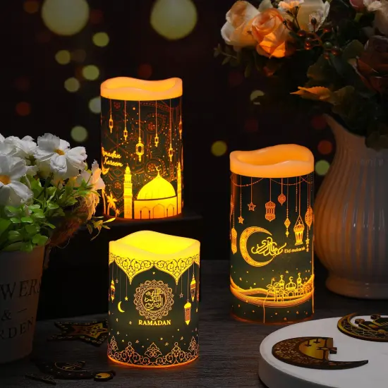 3 PCS Eid Mubarak Flameless LED Candles Lights Eid Decor Candle Lights with Timer Warm White Battery Operated Electric Led Muslim Ramadan Candle Lights for Party Supplies Home Decor {4}