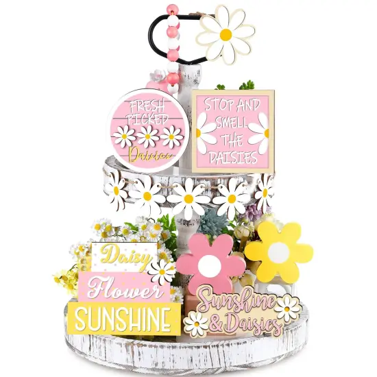 12 Pieces Valentine's Day Tiered Tray Decor Set Valentines Heart Wood Sign Gnome Truck Rustic Farmhouse Tray Signs Table Decor for Romantic Valentine's Day Home Kitchen(Daisy, 12 Pcs) {3}