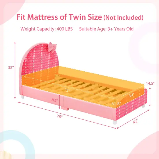 Honeyjoy Children Twin Size Upholstered Platform Single Bed with Headboard & Footboard Pink {3}