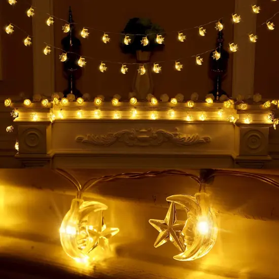Moon Star String Lights for Eid Decorations, 6.6 ft 20 LEDs Ramadan Festival Lights, Fairy String Lights Battery Operated Indoor Outdoor, Warm White {6}