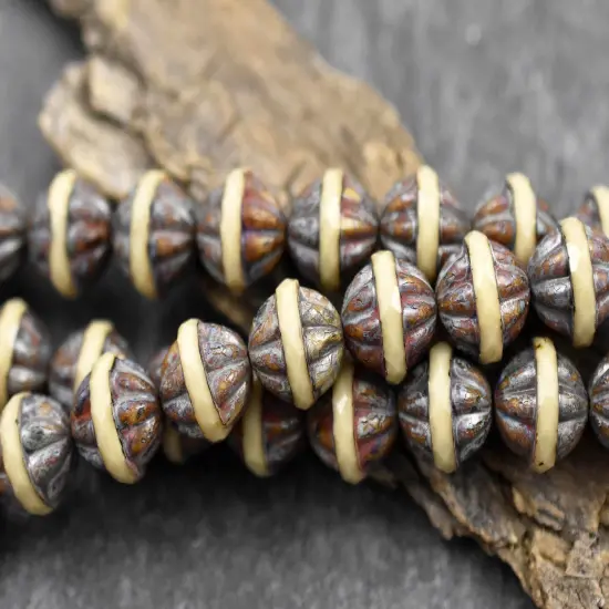 *11* 12x13mm Opaque Beige Ivory Travertine Center Cut Saturn Beads {4}