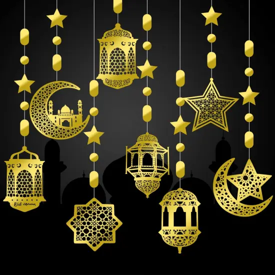 24 Pieces Islamic Star Moon Lantern Ramadan Garland Eid Decoration Streamer Ramadan Mubarak Party Banner Backdrop Shining Hanging Wall Decorations for Home Wedding Decor Islam Party(Gold) {2}