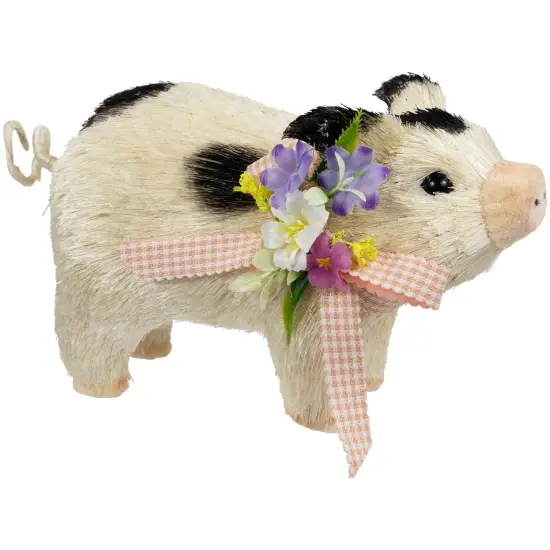 Northlight Spotted Piglet with Bow and Flowers Spring Figurine - 9" White {4}