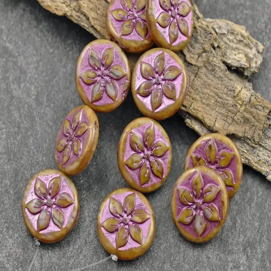*6* 18mm Metallic Pink Washed Alabaster Picasso Floral Coin Beads {3}