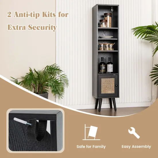 Costway Rattan Storage Cabinet Freestanding Slim Organizer Wood Display Rack Living Room Black/White/Natural {5}