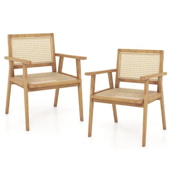 Costway 1/2 PCS Wood Chair Indonesia Teak Wood Armchair with Natural Rattan Seat & Back Patio Chair for Porch {8}
