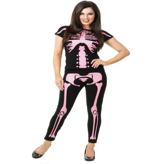 WomensBlack and Pink Skeleton Leggings and T-Shirt Costume Set {1}